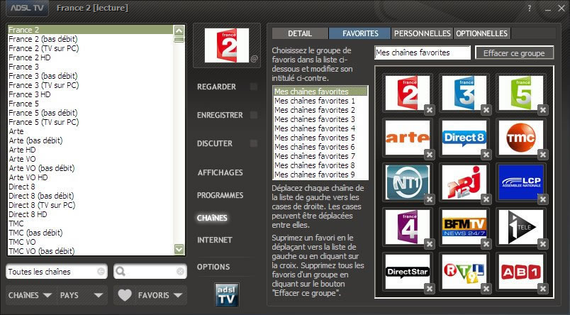 Configuration des chaînes favorites d'adsl TV / FM