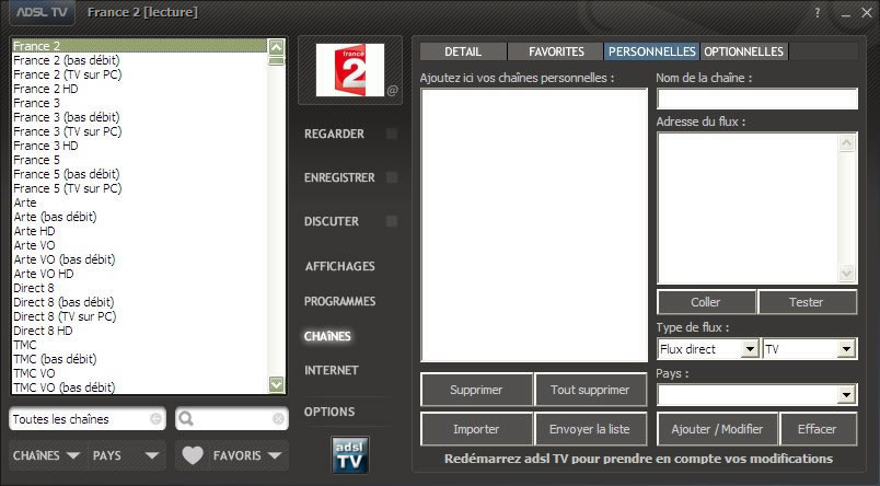 Configuration des chaînes personnelles d'adsl TV / FM