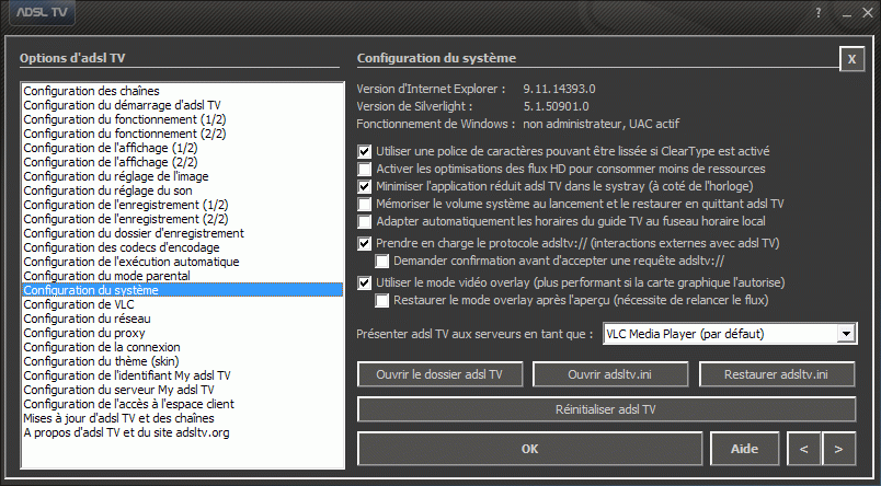 Configuration des options d'adsl TV / FM