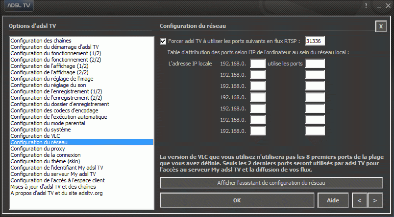 Configuration des options d'adsl TV / FM