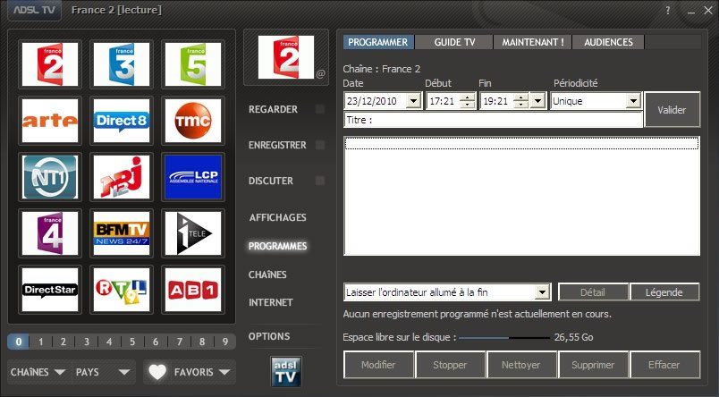 Programmation d'un enregistrement d'adsl TV / FM