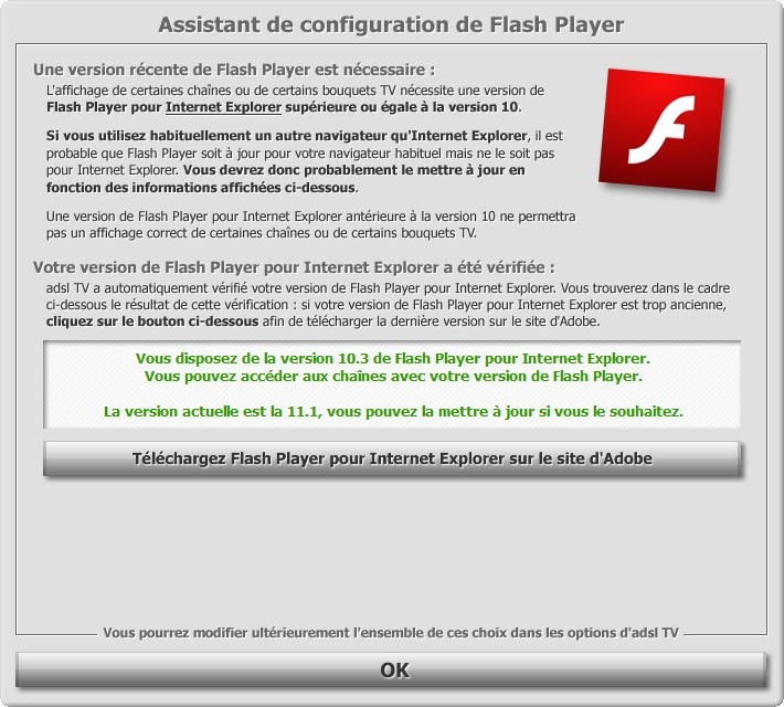 Assistant de configuration de Flash Player d'adsl TV / FM