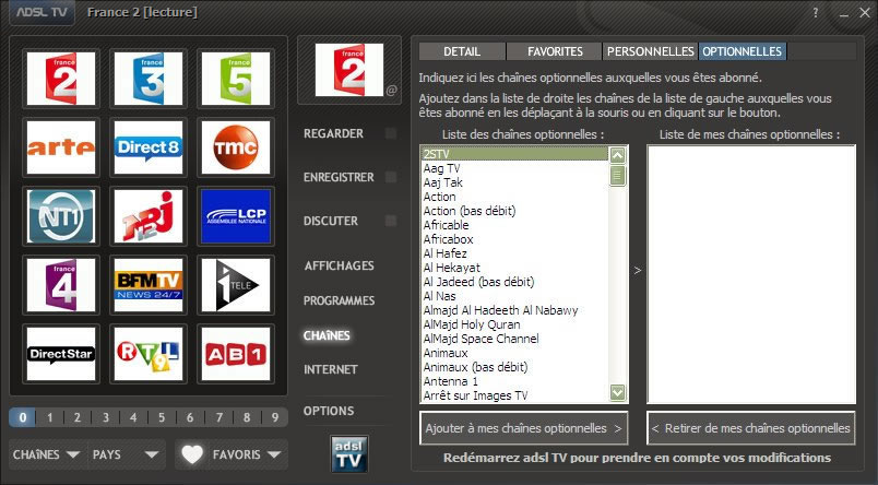 Configuration des chaînes optionnelles d'adsl TV / FM