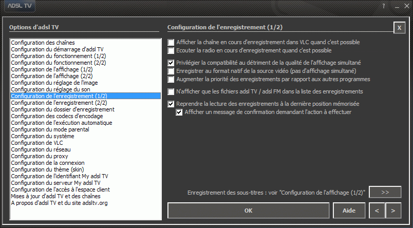 Configuration des options d'adsl TV / FM