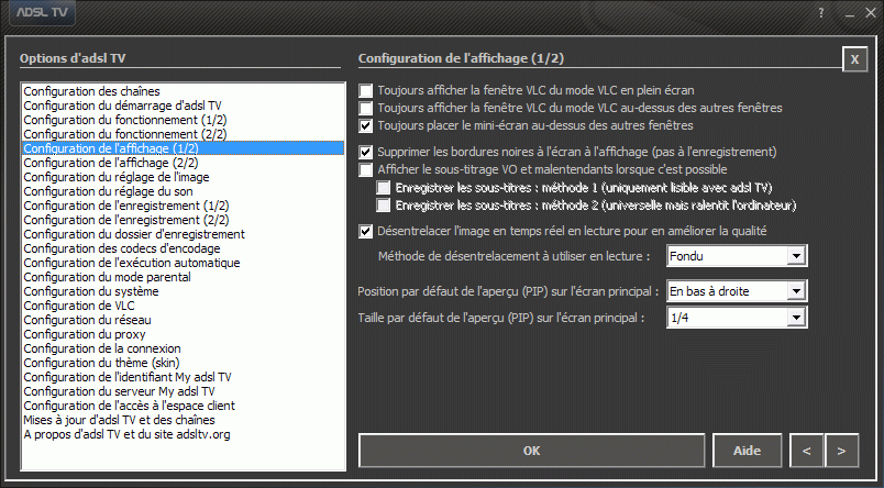 Configuration des options d'adsl TV / FM