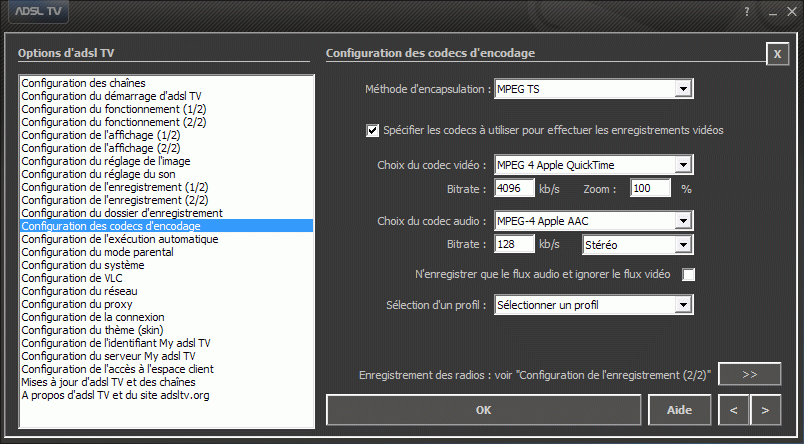 Configuration des options d'adsl TV / FM