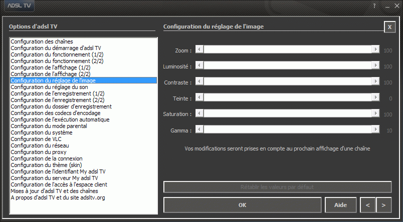 Configuration des options d'adsl TV / FM