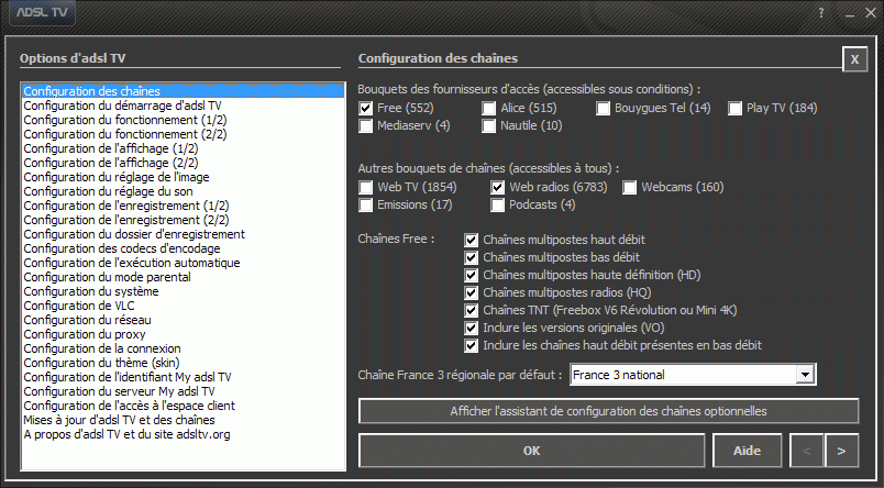 Configuration des options d'adsl TV / FM