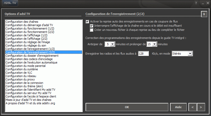 Configuration des options d'adsl TV / FM