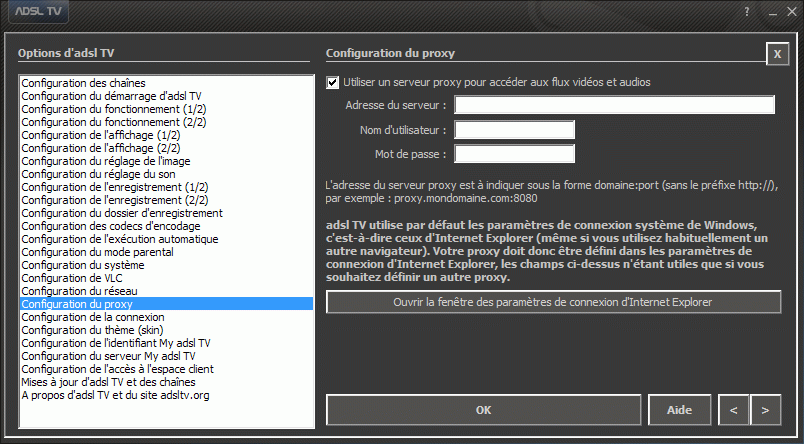 Configuration des options d'adsl TV / FM