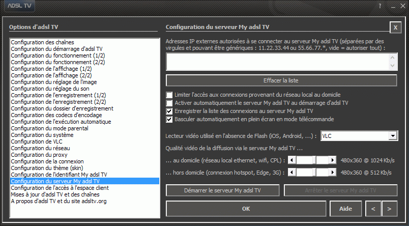 Configuration des options d'adsl TV / FM