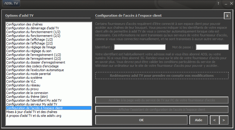 Configuration des options d'adsl TV / FM