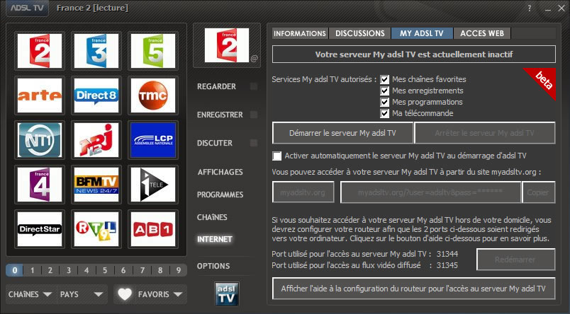 Configuration du serveur My adsl TV d'adsl TV / FM